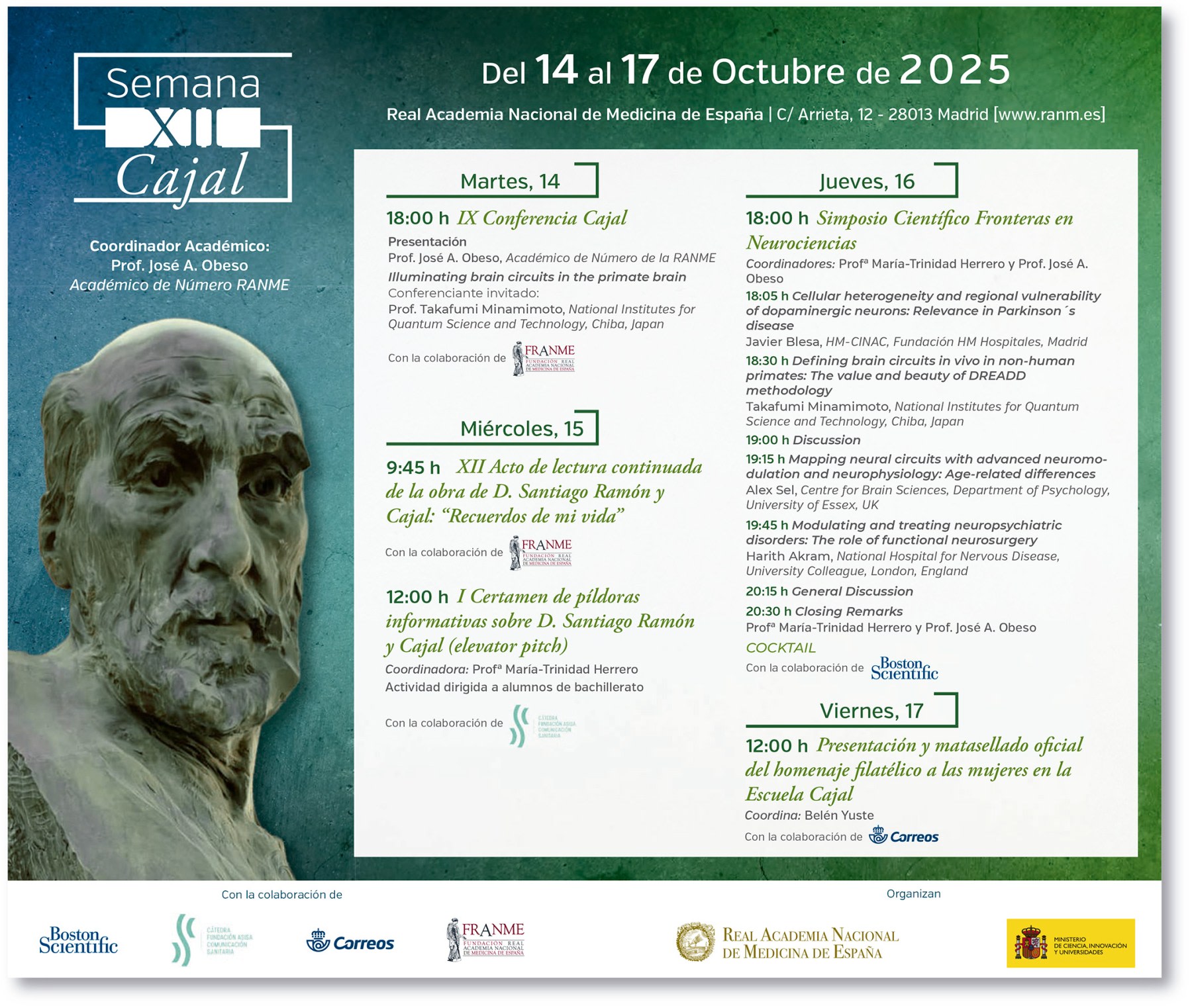 Cartel de la Semana XII Cajal, un evento académico que se celebrará del 14 al 17 de octubre de 2025, en la Real Academia Nacional de Medicina de España, con un programa que incluye conferencias y actividades centradas en la neurociencia.