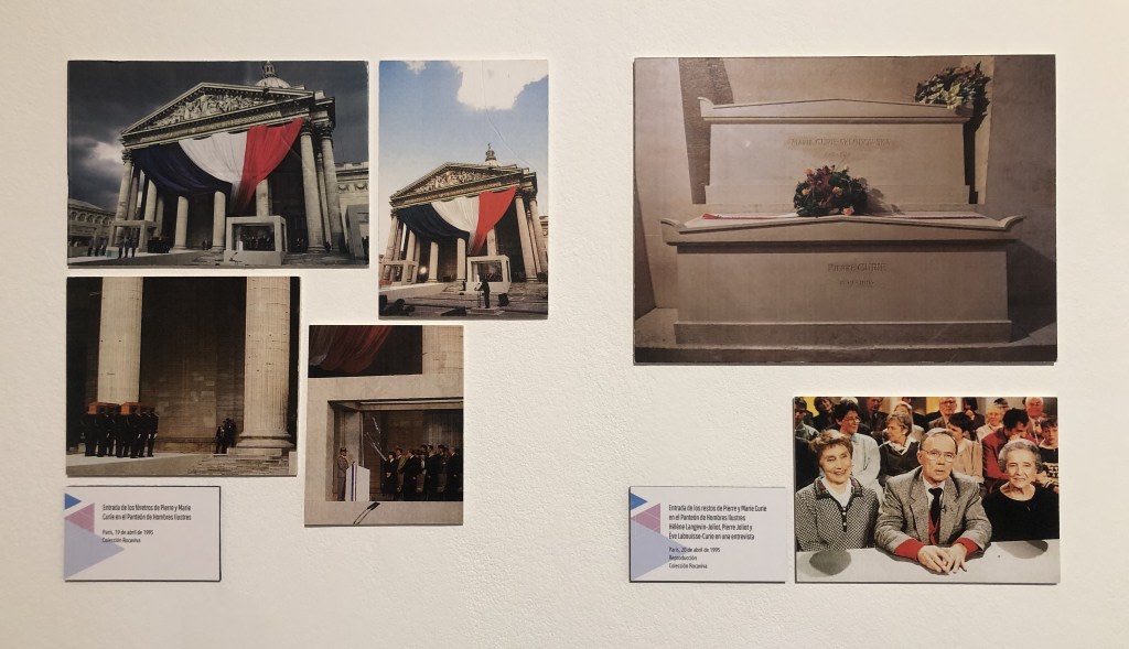 Set of photographs from the ceremony of interment of Marie and Pierre Curie in the Pantheon of Paris, showing the monument decorated with French flags and the tombstone bearing their names.