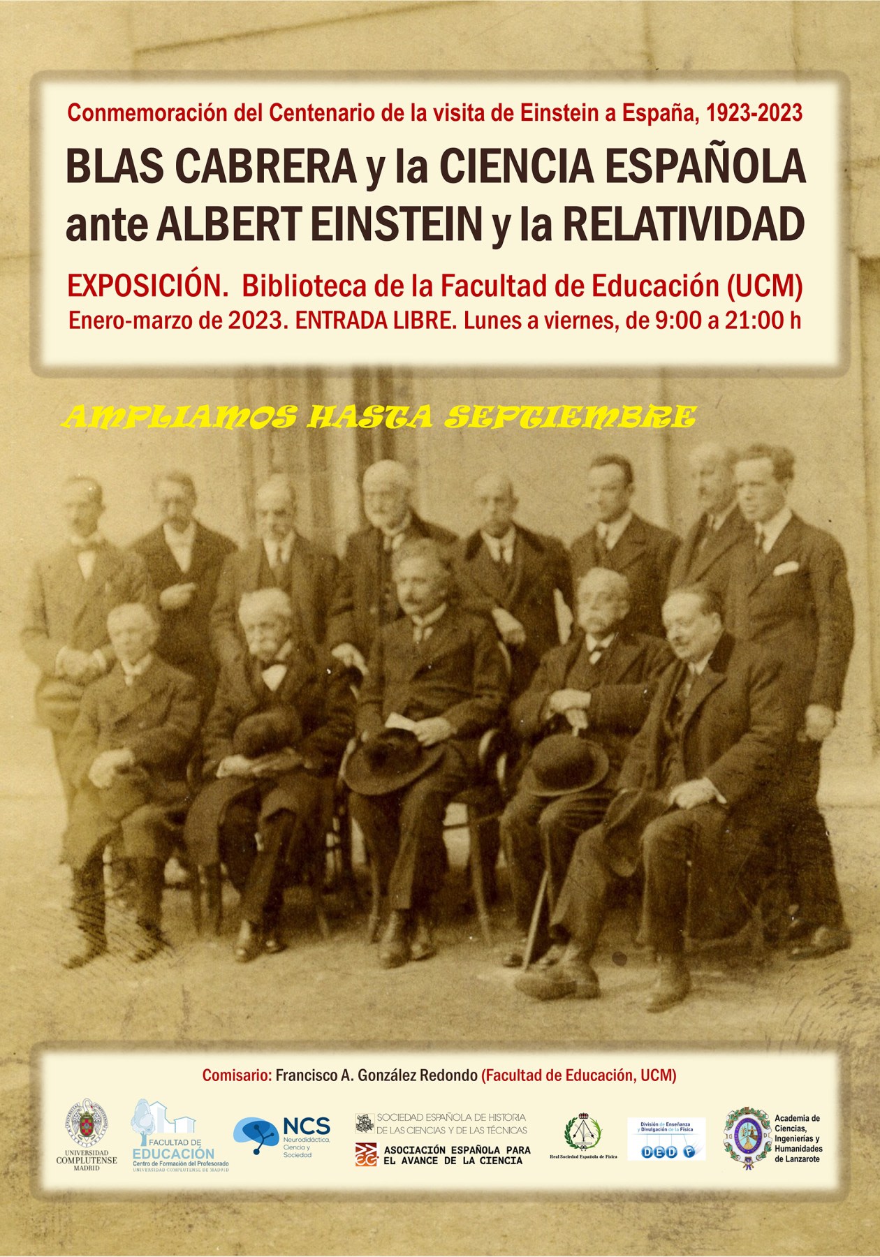 Poster of the exhibition on Blas Cabrera and Spanish science before Albert Einstein and relativity, with details of date, venue, and a notice about the extension until September.