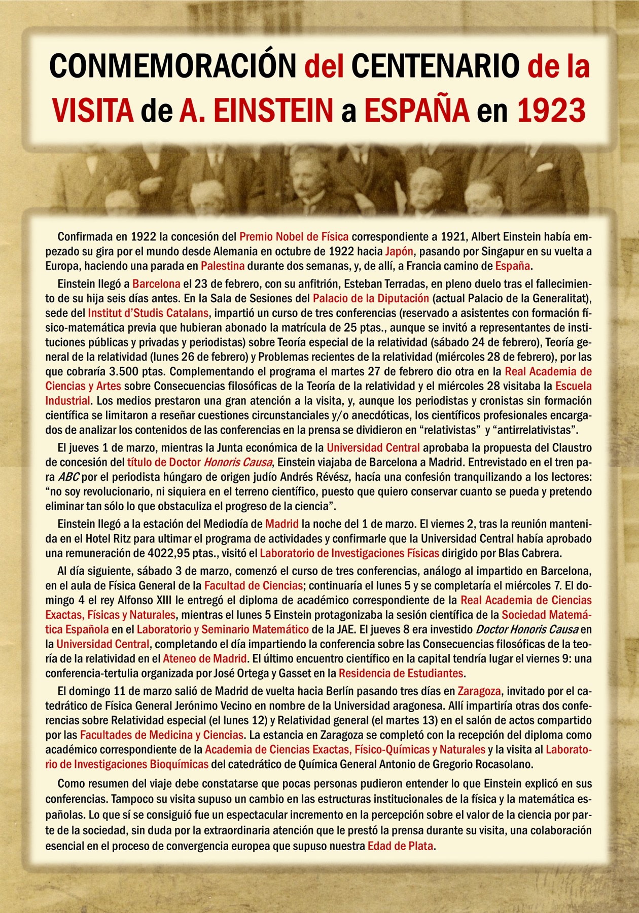 A poster commemorating the centenary of Albert Einstein's visit to Spain in 1923, with information about his arrival, lectures, and other related events.