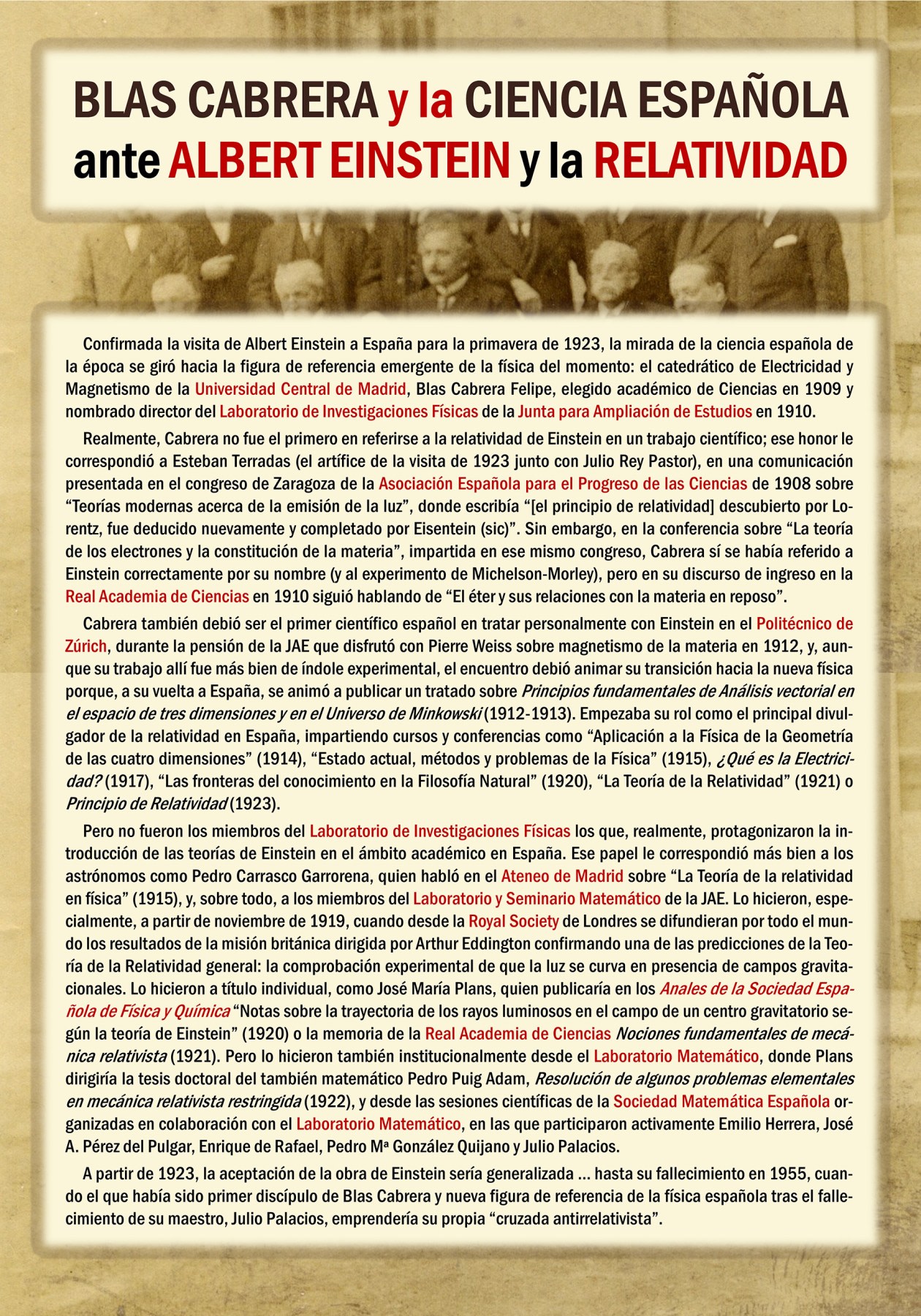 Image presenting Blas Cabrera, a prominent Spanish physicist, at an event related to Albert Einstein and relativity. The photo shows a group of people in an academic setting, reflecting the importance of science in Spain at the time.