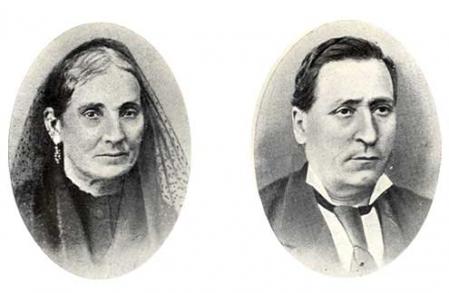 Oval-format portraits of two people, one male on the right and one female on the left, showing identifiable features of period dress and hairstyle.