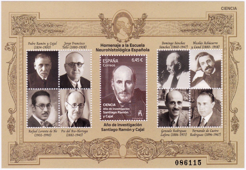 Commemorative stamp of the Spanish Neurohistology School featuring photographs of prominent Spanish neuroscientists such as Santiago Ramón y Cajal, Rafael Lorente de Nó, and Fernando de Castro.