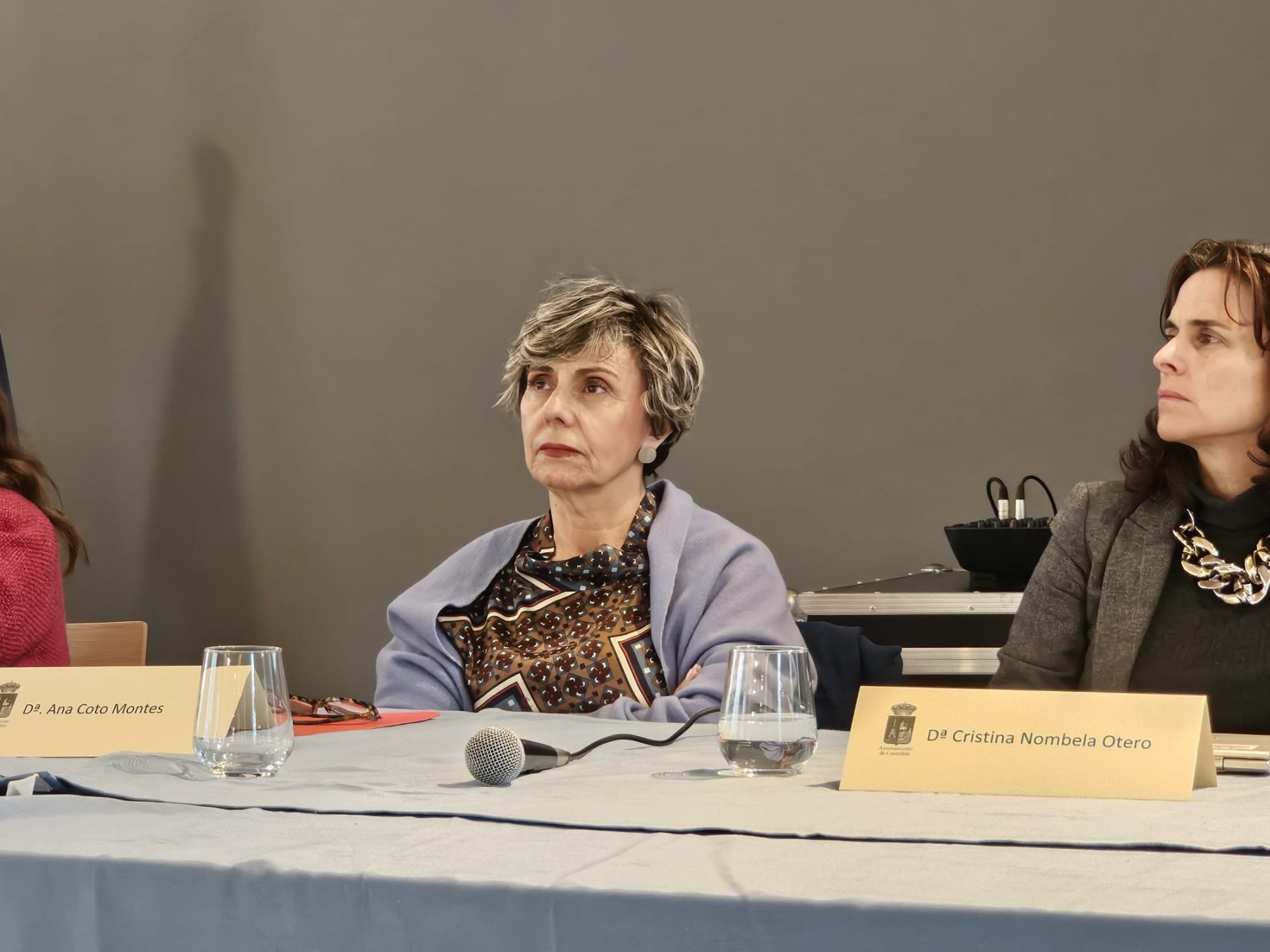 Three women seated at a table during an academic event, with a microphone and glasses of water on the table.