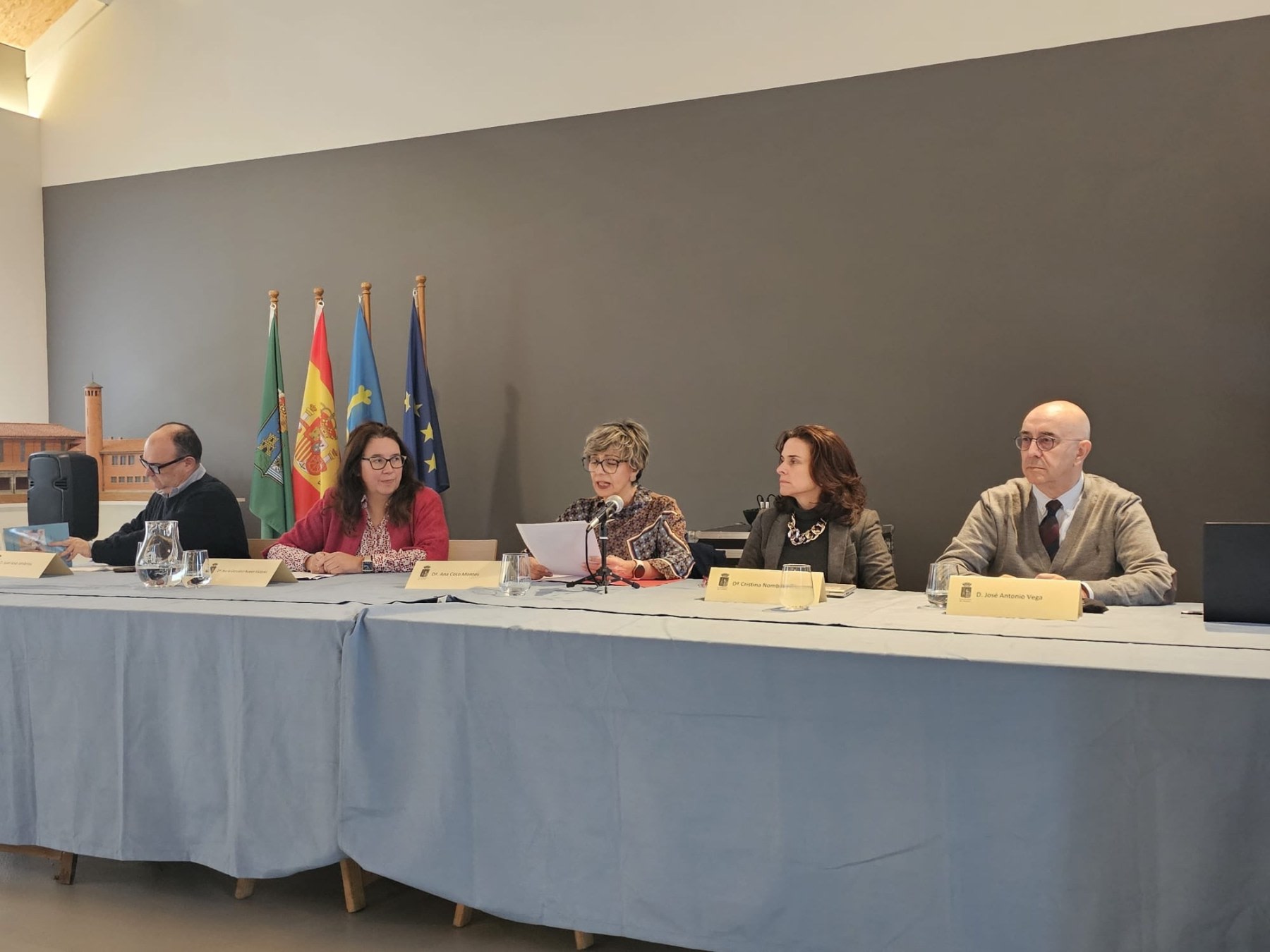 Conference table at the Arnao Mine Museum with five speakers, accompanied by flags of Spain and the European Union.