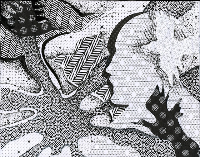 Retrato de Santiago Ramón y Cajal de mi cuaderno de bocetos hecho a mano. Pluma, tinta y collage sobre papel.