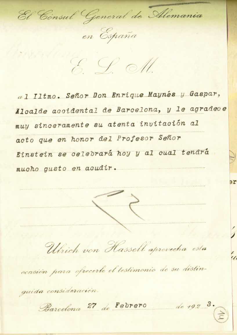 Letter from the German Consul General in Spain, thanking for the invitation to the event in honour of Albert Einstein, dated 27 February 1923.
