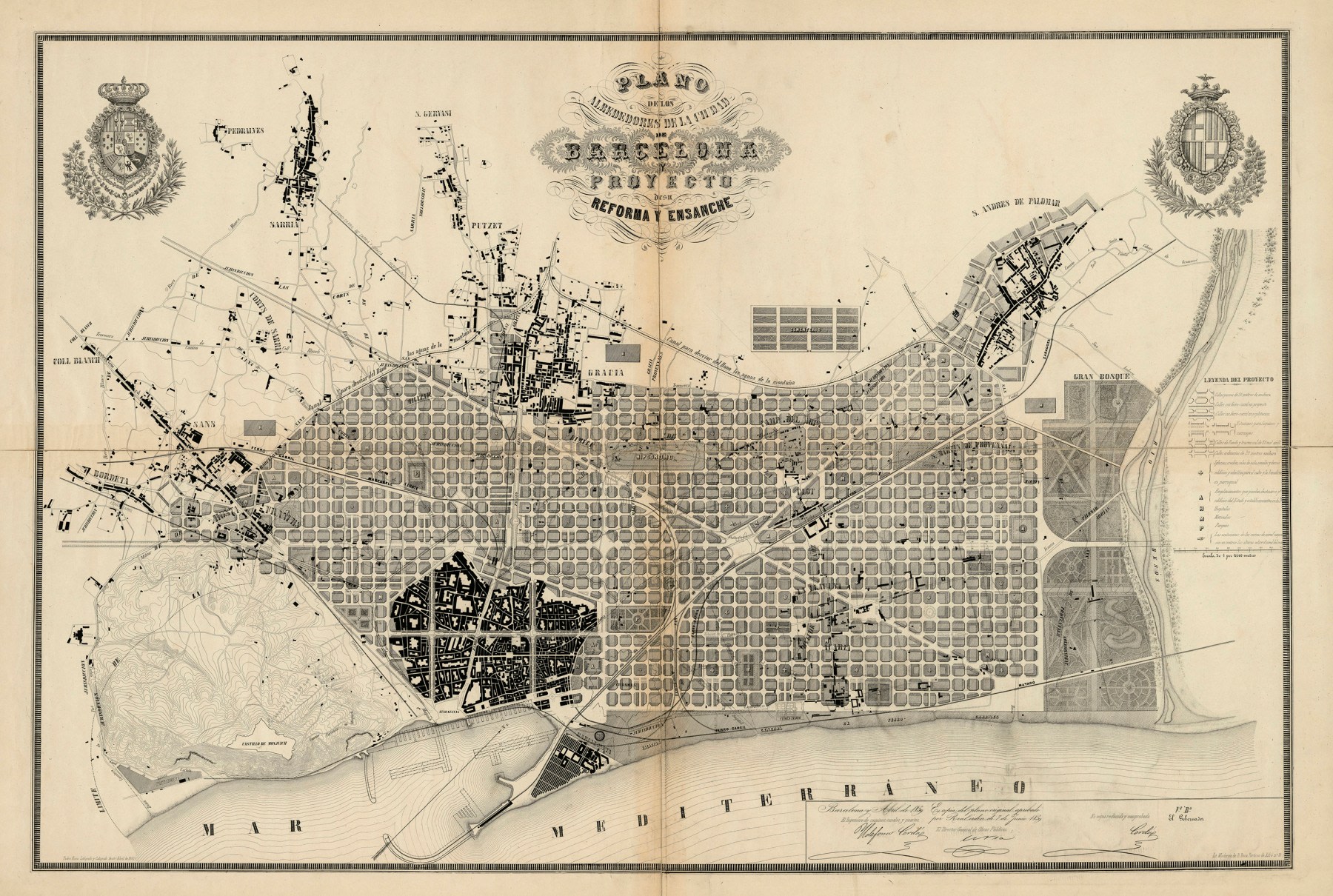 Barcelona proyecto de su reforma y ensanche. Plan de los alrededores de la ciudad de Barcelona y del proyecto para su mejora y ampliación de Ildefonso Cerdá y Suñer (1859). Paradigma de los ensanches decimonónicos en España.