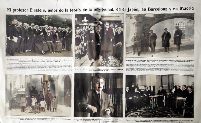 Collage of images of Albert Einstein during his visit to Japan, Barcelona, and Madrid, highlighting his importance as the author of the theory of relativity.
