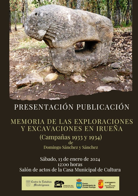 Cartel sobre la presentación de una publicación que detalla las exploraciones y excavaciones en Iruña en 1933 y 1934, con una imagen de una roca tallada.