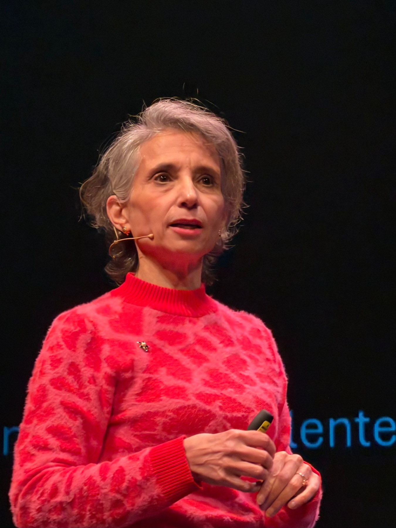 Una mujer con cabello corto y canoso, vestida con un suéter rojo de textura suave, sostiene un micrófono mientras habla en el escenario de un teatro. El fondo es oscuro, con palabras iluminadas. Su expresión es seria y concentrada.