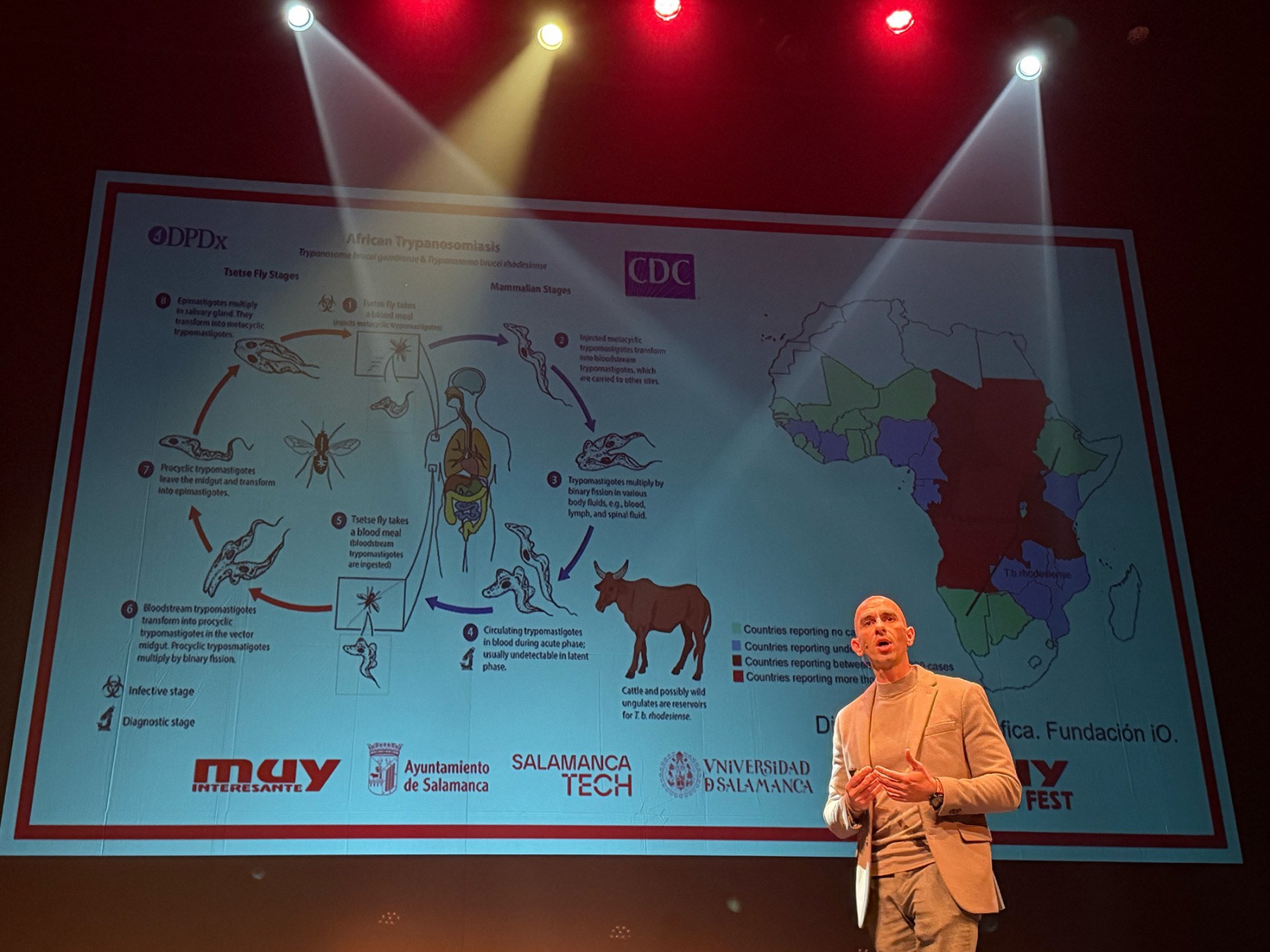 Un ponente presenta un diagrama sobre la enfermedad del sueño africana, ilustrando el ciclo de vida de la mosca tsetsé y su relación con los mamíferos en el MUY Science Fest 2025 en el Teatro Liceo de Salamanca.