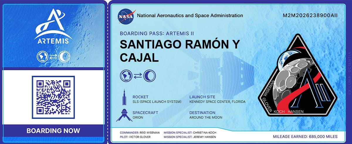 Tarjeta de embarque para la misión Artemis II de la NASA, con el nombre 