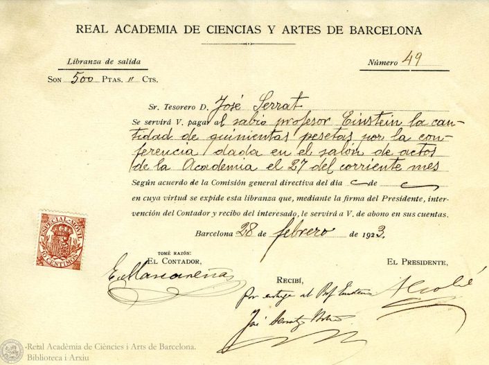 Receipt from the Royal Academy of Sciences and Arts of Barcelona