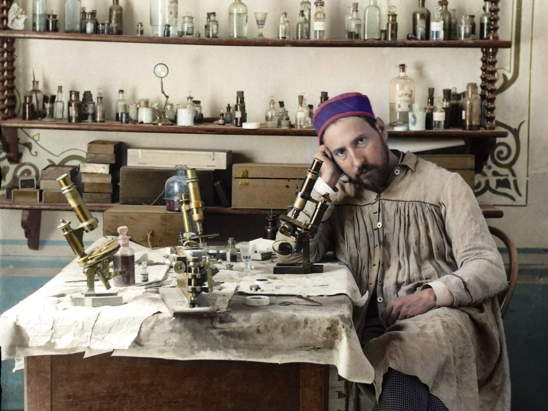Self-portrait of Cajal in his Valencia laboratory around 1885, colorized by Rafael Navarrete.