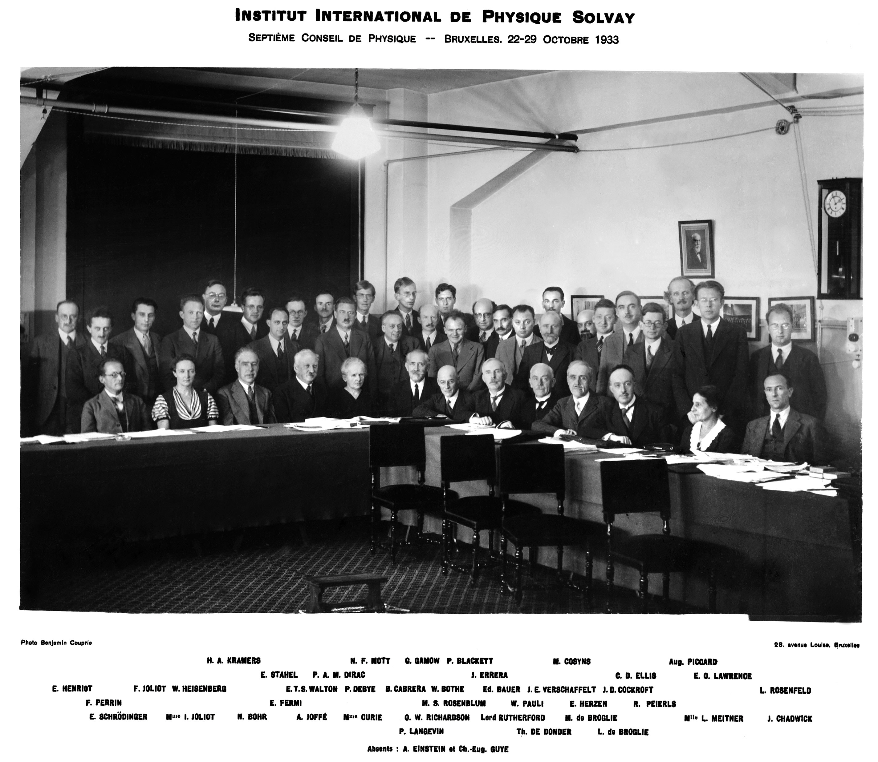 Black-and-white photograph of the Seventh Solvay Physics Council of the International Institute of Physics, held in Brussels from 22 to 29 October 1933. The image shows a group of scientists, including numerous prominent figures in physics, posing in a conference room. There are also a series of portraits on the wall and a lamp on the table.