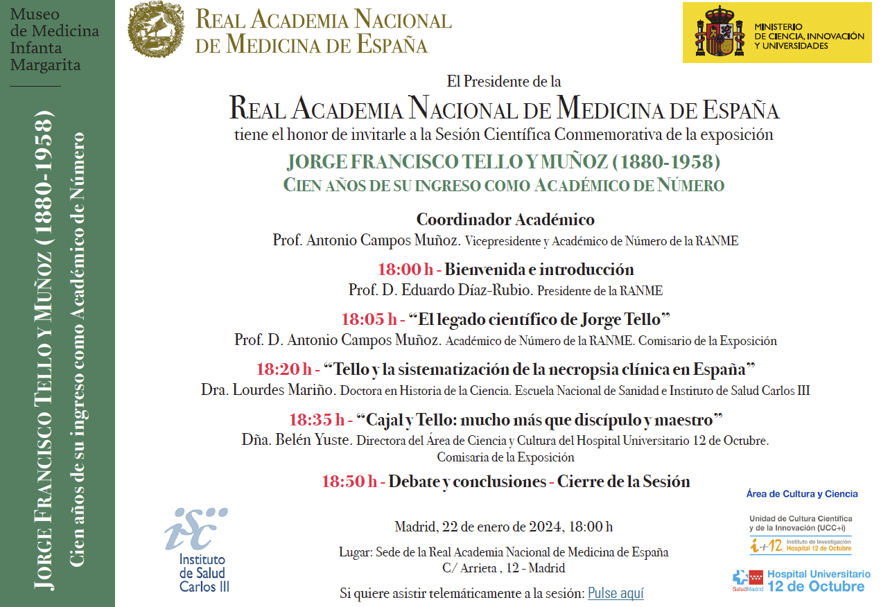 Informational poster about the commemorative scientific session on Jorge Francisco Tello y Muñoz, organized by the Real Academia Nacional de Medicina de España. Includes details on speakers, schedules, and venue.