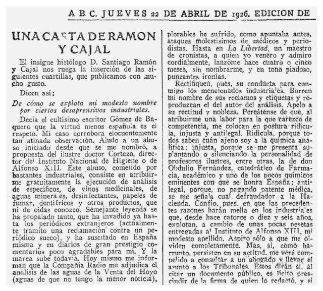 Un artículo de periódico de 1926 que menciona a Santiago Ramón y Cajal, hablando sobre la explotación de su nombre para fines industriales y relacionados con la salud.