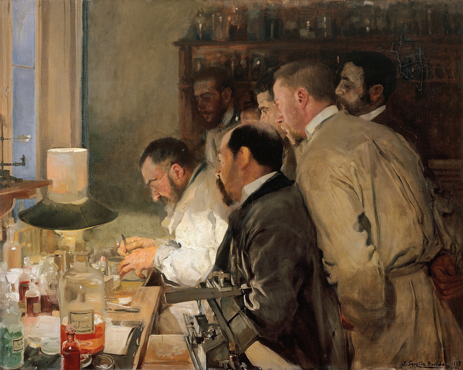Group of scientists observing in a laboratory, with a spotlight emphasizing their work on experiments, surrounded by flasks and scientific tools.