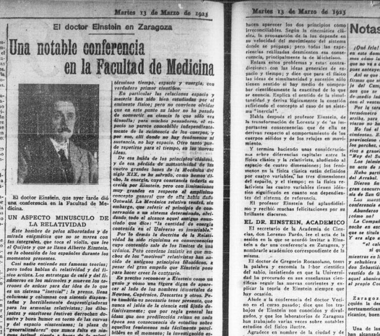 Report of Einstein's visit to Zaragoza published in the newspaper El Noticiero on Tuesday 13 March 1923 (Image from the Zaragoza City Council / zaragoza.es)