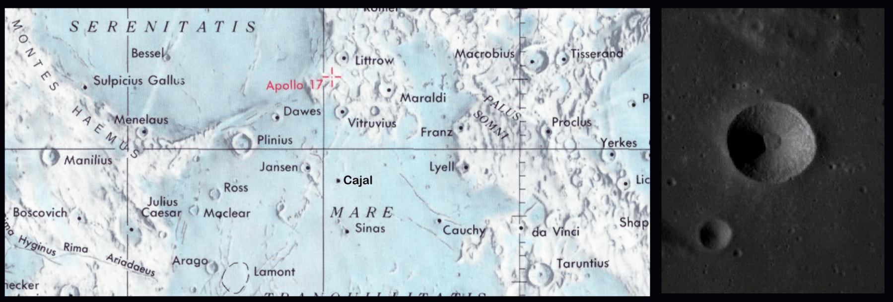 Fig. 1: Left: Location of the Cajal crater on the Moon. Right: image of the crater obtained by the LRO camera.